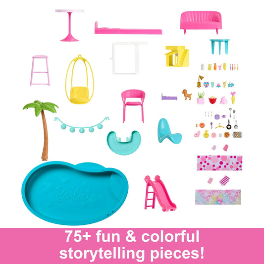 Barbie Dreamhouse Pool Party Doll House and Playset with 75+ Pieces, 45 in, Slide & Puppy Elevator